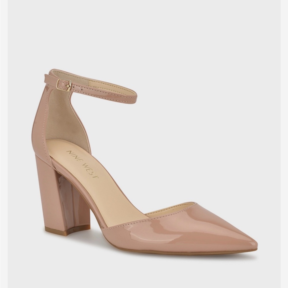 Nine West Nude Block Heel Patent Ankle Strap Heels